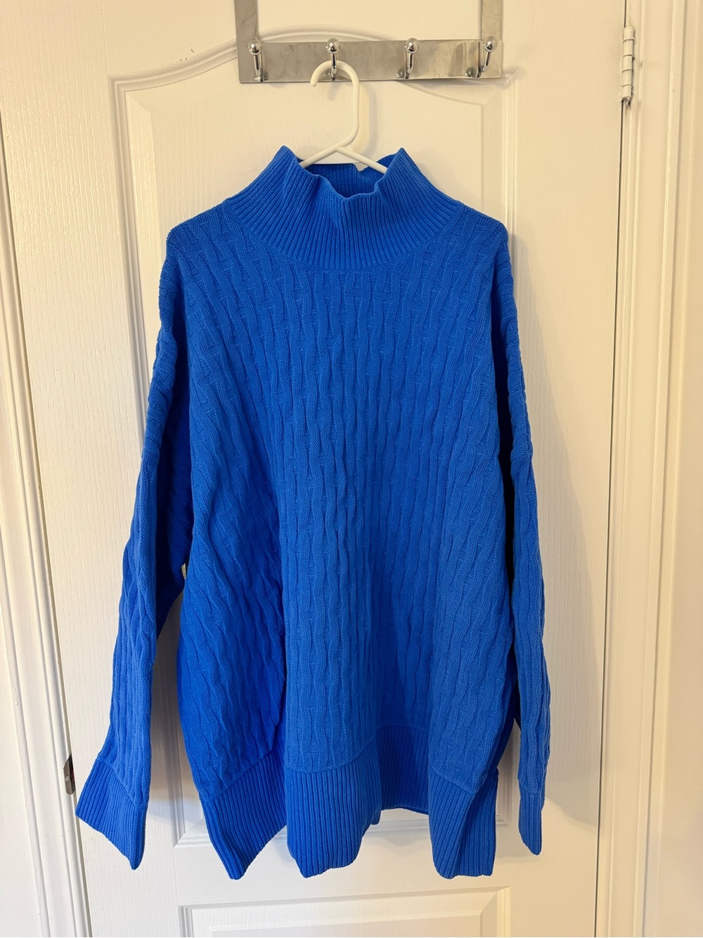 Blue Cable Knit Mock Neck Sweater